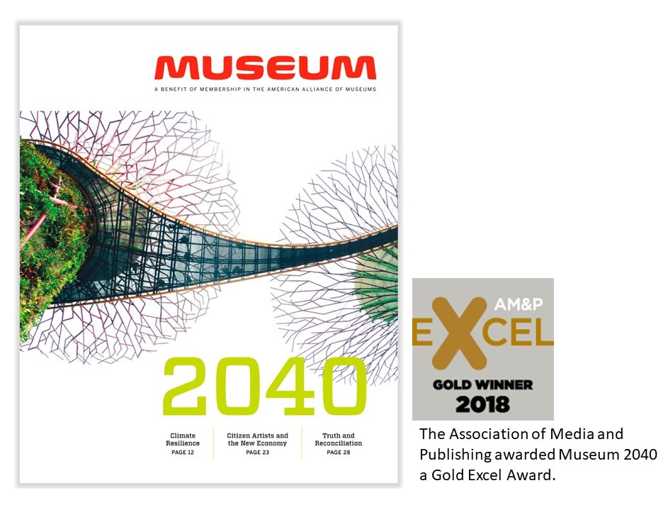 Image of the Museum 2040 cover and the Excel award for 2018. 