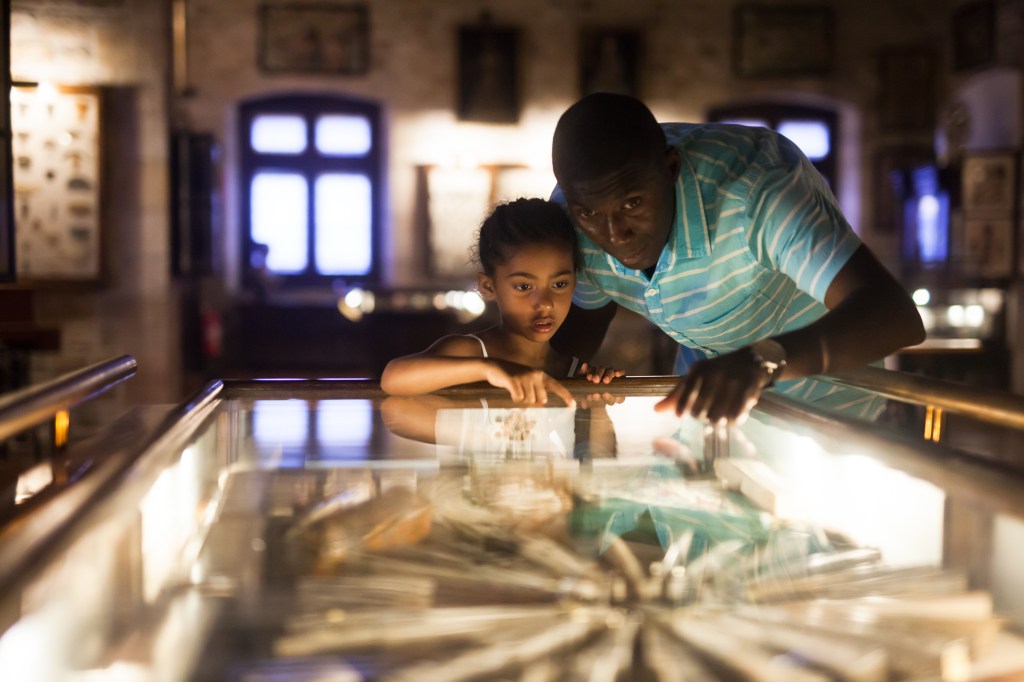 Man and his daughter looking at showcase with exhibits