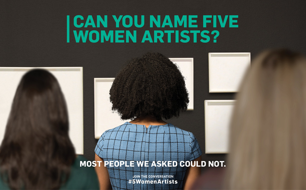 Image of several women looking at a set of blank white frames hanging on a wall with "Can you name 5 women artists?" written above the frames.