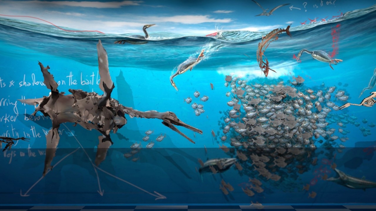 A rendering of an underwater diorama showing a large creature attacking a school of fish