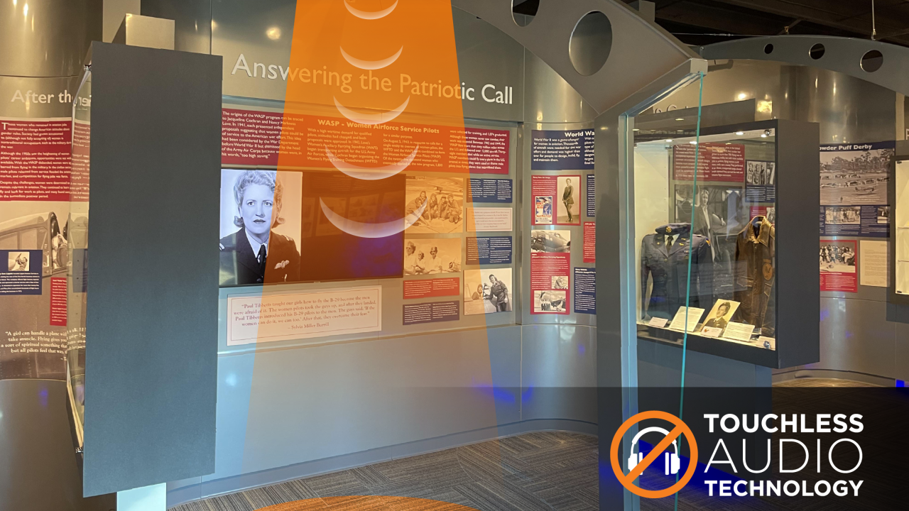 A museum gallery with a display titled "Answering the Patriotic Call" with a graphic of an orange-colored sound beam in front of it