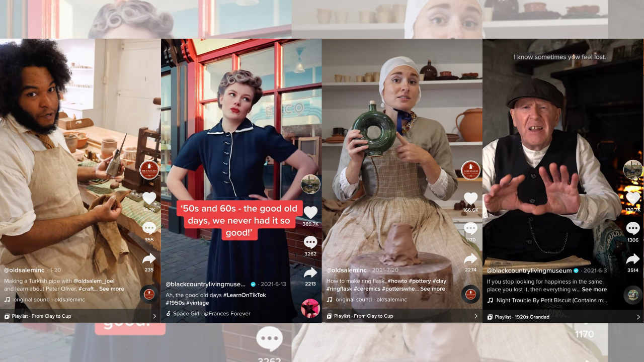 A grid of TikTok screenshots showing people in period costumes