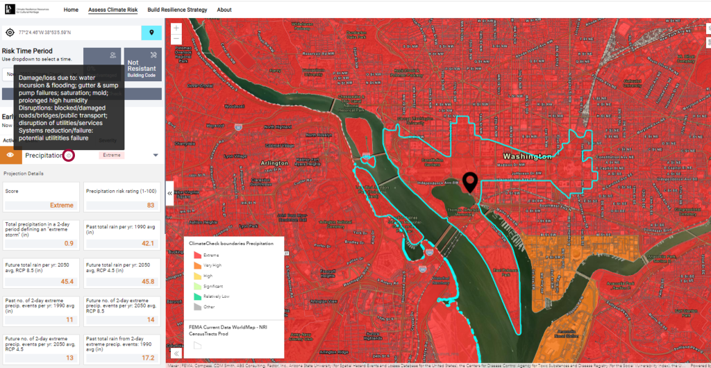 A map of Washington, DC, with a red overlay on it indicating an extreme chance of damage and loss due to water incursion and flooding.