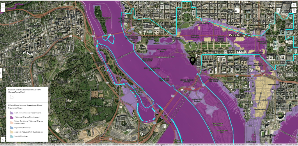 A map of Washington, DC, with areas overlaid in purple indicating a 1% annual chance flood hazard