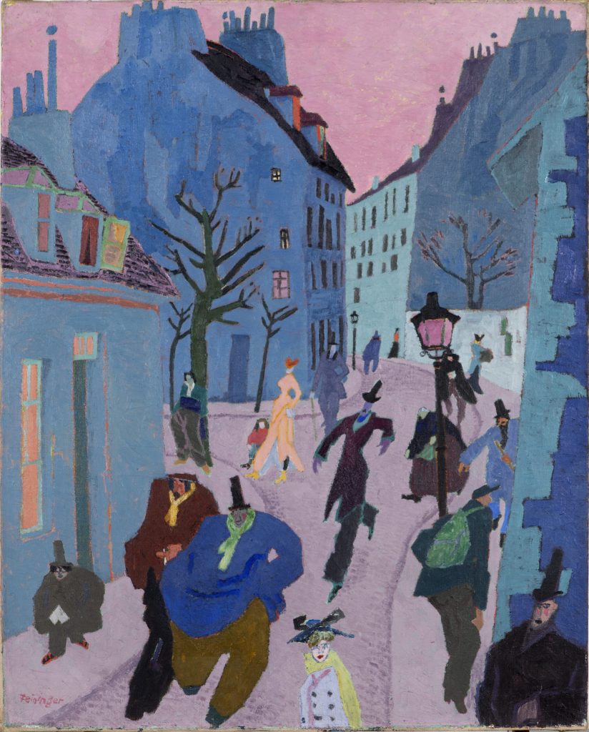 A painting of a stylized urban street scene in a predominately blue palette