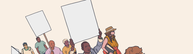 An illustration of people marching with blank protest signs