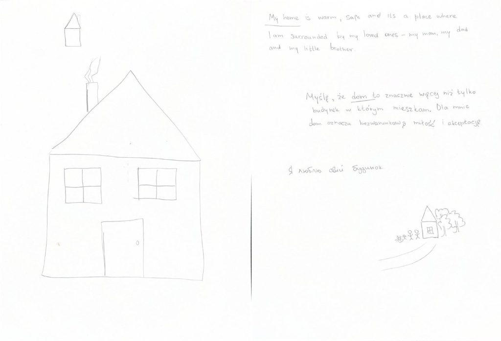 A side-by-side composite of a drawing of a house with a smoking chimney and a written response from a person describing their home in two languages.