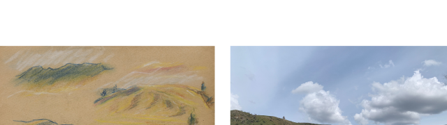 Left: Clyfford Still, PP-711, 1936. Pastel on paper, 8 5/8 x 12 inches (21.9 x 30.5 cm). Clyfford Still Museum, Denver, CO © City and County of Denver / ARS, NY
Right: Landscape near Nespelem, WA, April 2022. Photo by Bailey Placzek