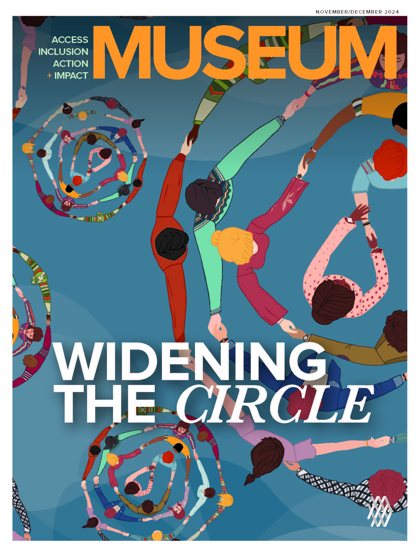 Cover of Museum magazine titled "Widening the Circle" includes artwork illustration of many different people linking arms in circle formations.