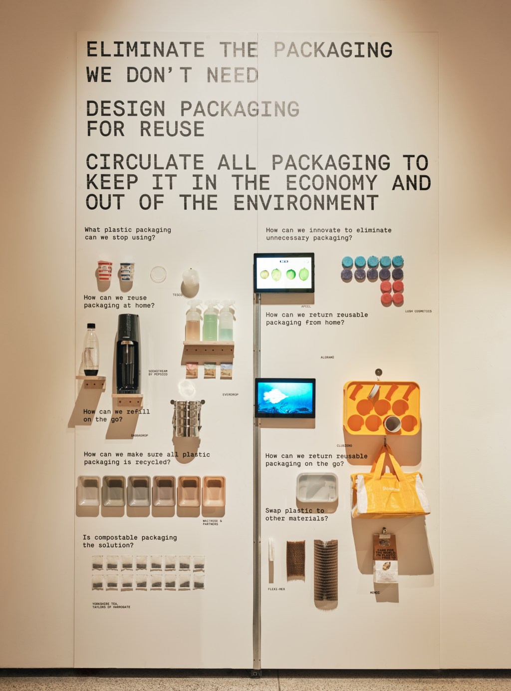 A gallery wall with the text "Eliminate the packaging we don't need / design packaging for reuse / circulate all packaging to keep it in the economy and out of the environment" with packaging materials displayed below