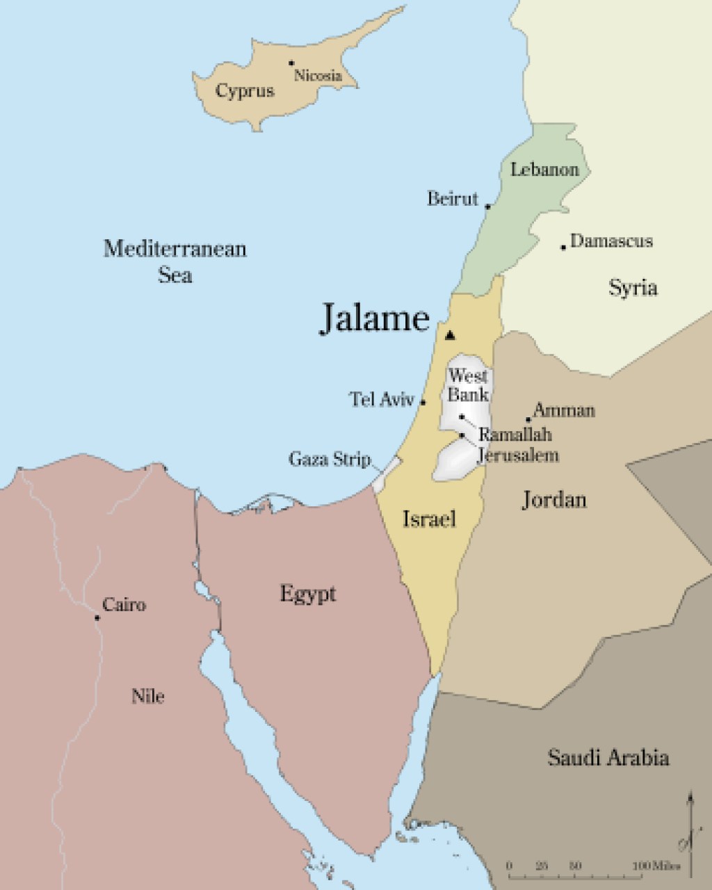 Colorful map of Jalame shown between Egypt, Jordan, Syria, and Lebanon.