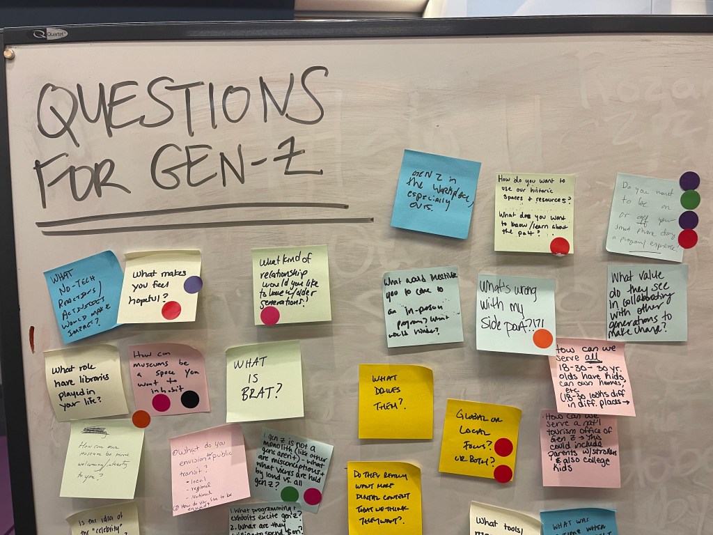 A participatory sticky note board labeled "Questions for Gen-Z" with contributions like "What is brat?" "What's wrong with my side part?" "What value do they see in collaborating with others to make change?" and "What makes you hopeful?"