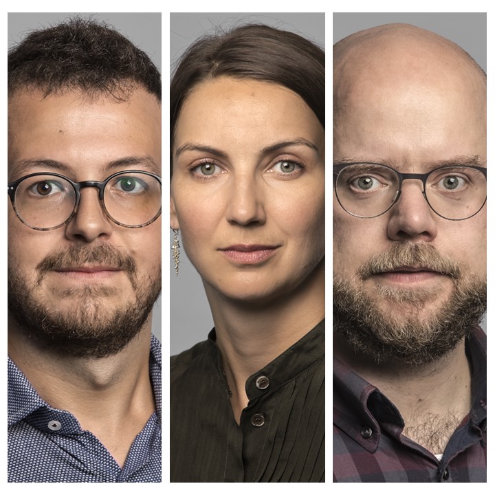 Three people in separate headshot photos far left is a white man with short brown hair and a dark beard wearing dark rimmed glasses, center is a white woman with straight brown hair pulled back from her face, wearing a dark colored button down shirt, far right is a bald white man with a fill beard wearing wire rimmed glasses and a purple colored button down shirt.