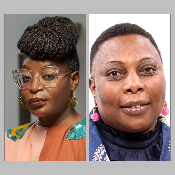 Two images side by side the one on the left shows a black woman with short black hair smiles wearing a patterned jacked and dark colored turtleneck and long pink earrings. The image on the right shows a black woman with braided black hair piled on the top of her head wearing light rimmed glasses and a colorful blouse.