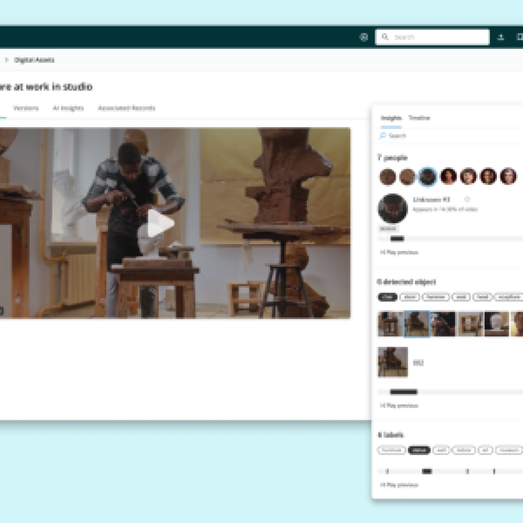 A screenshot of a digital asset management system with a video titled "sculpture at work in studio" and an "insights" panel identifying faces, objects, and descriptive labels identified in the video