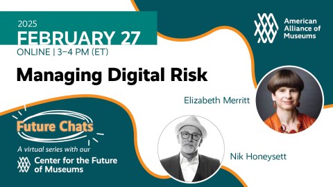 Flyer for the next installment of Future Chat on Managing Digital Risk with Nik Honeysett and Elizabeth Merritt. The event is virtual on February 27 at 3pm eastern time.