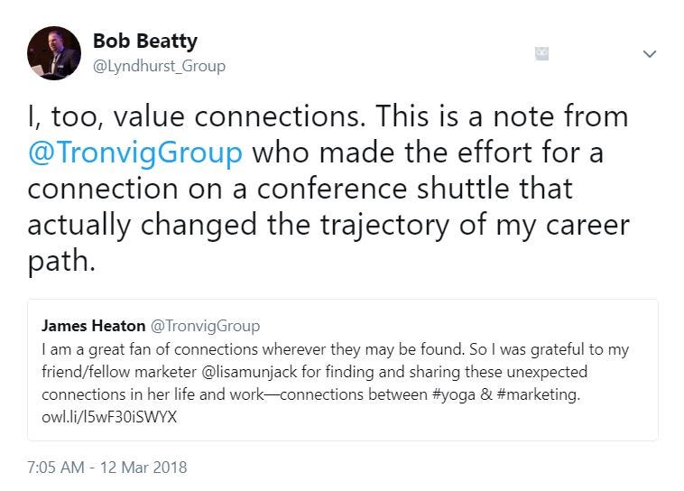 Image of a tweet conversation between Bob Beatty and James Heaton.