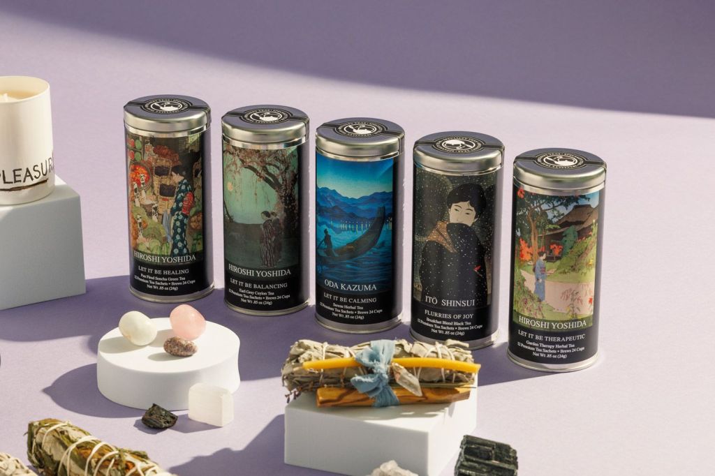 A range of tea canisters with images of Japanese prints on the labels with the names of their artists and information on the tea blends