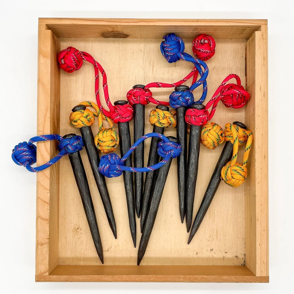 A collection of iron spikes with paracords of different colors tied around the ends