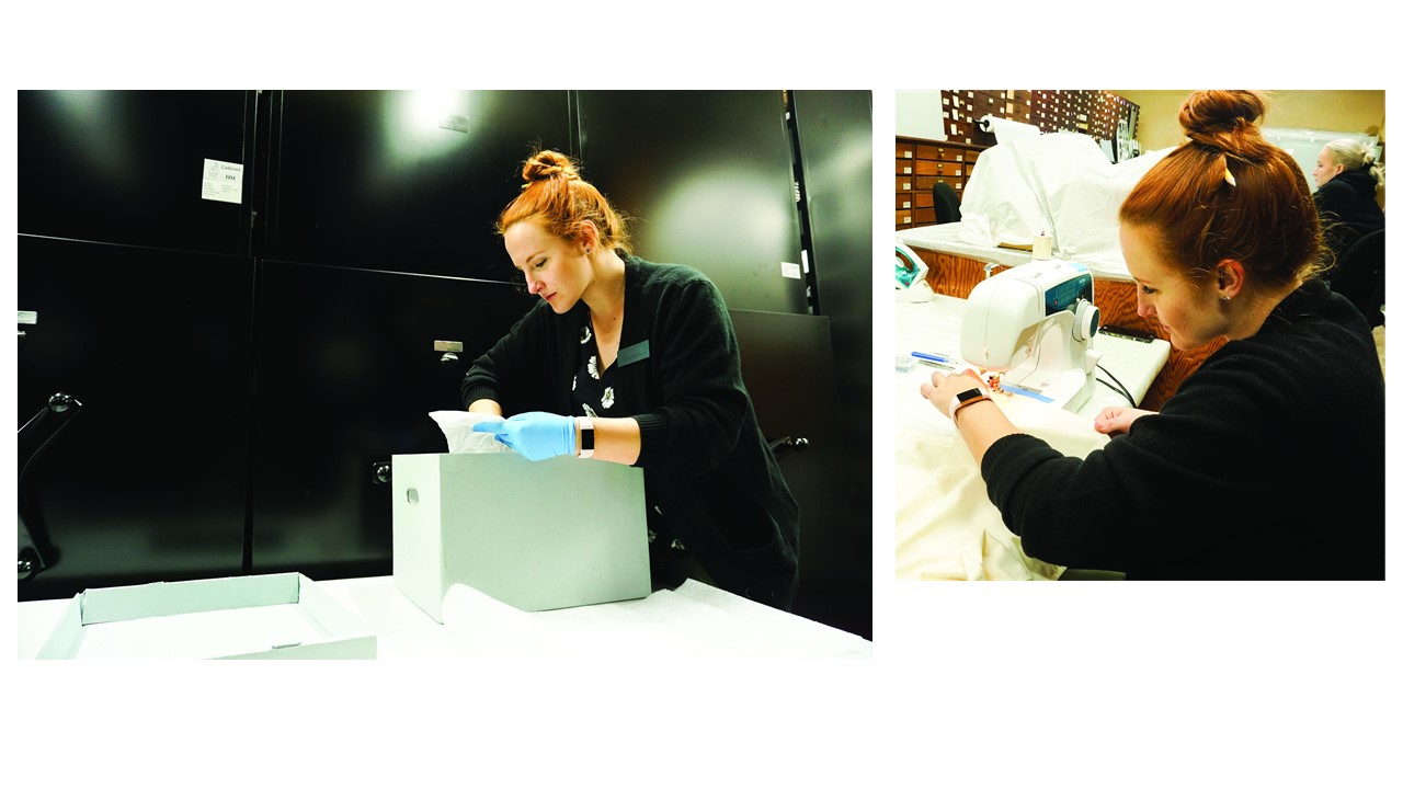 A woman reaching into an archival box to uncover indigenous artifacts. And A member of the museum’s team sews muslin drapes that help honor the sanctitude of Indigenous belongings the museum stewards. 