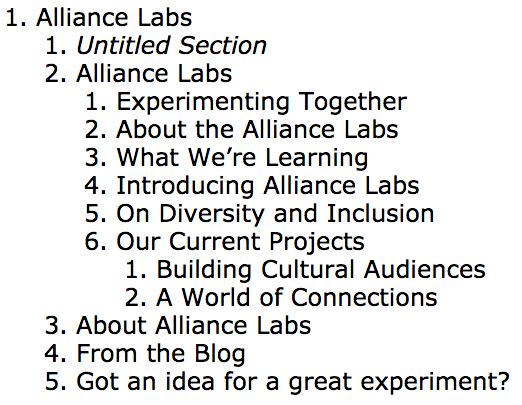 This is the stripped down outline of the headers from the Alliance Labs Homepage. A good semantic structure makes the page content easier to follow.