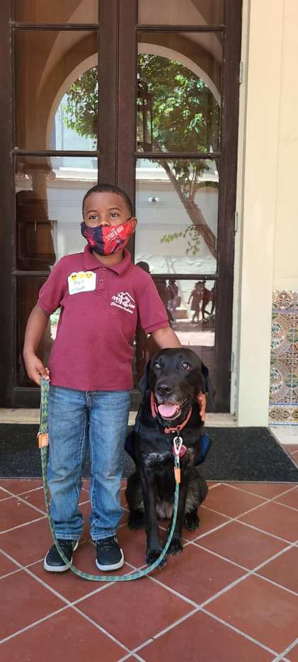 A child standing with a dog on a leash in a courtyard